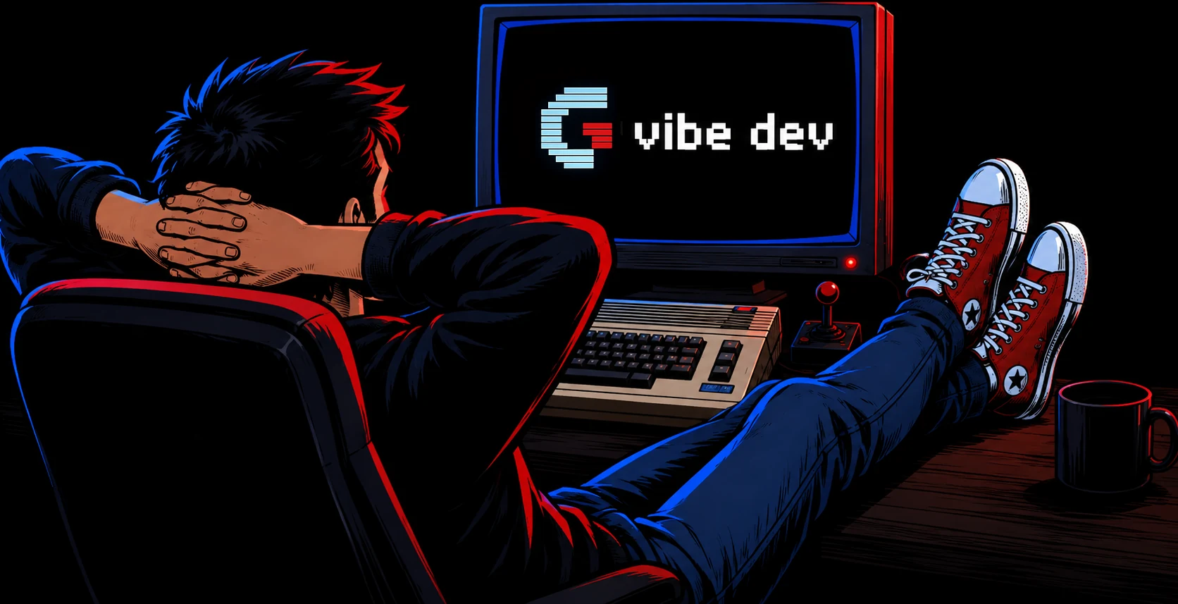 A person relaxing at a retro computer displaying the G Vibe Dev logo