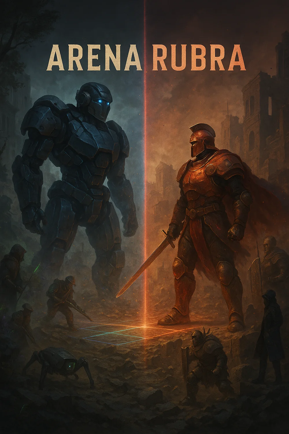 Arena Rubra key art showing opposing blue and red forces divided across a ruined battlefield.