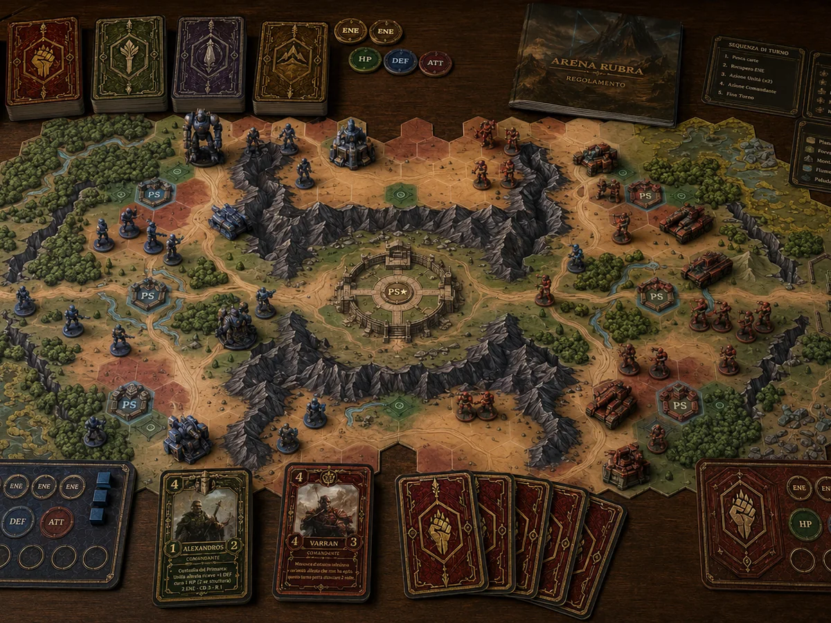 Arena Rubra tabletop concept with a hex battlefield, miniatures, cards and player components.