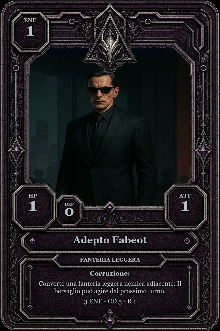Adepto Fabeot light infantry sample card for Arena Rubra tabletop.