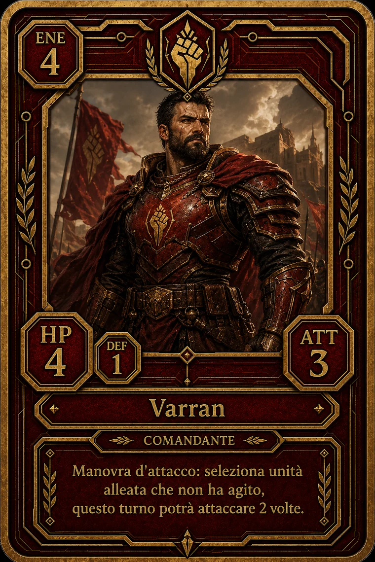 Varran Exordium Commander sample card for Arena Rubra tabletop.