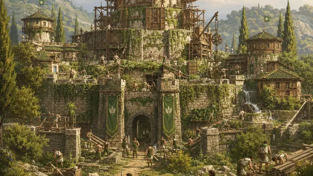 Agathoi settlement built around green banners, stone structures, vegetation and a fortified central tower.