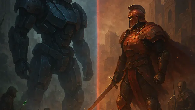 Arena Rubra artwork with opposing blue and red armored figures divided by a vertical line of light.