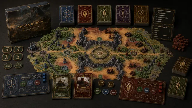 Arena Rubra tabletop concept with a rulebook box, faction decks, player boards, tokens and a hex battlefield.