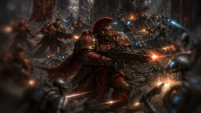 Red armored Exordium troops advancing through a ruined battlefield against blue-lit opponents.