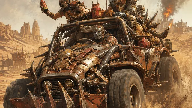 Liberti raiders riding a heavily modified armed vehicle through a dry wasteland.