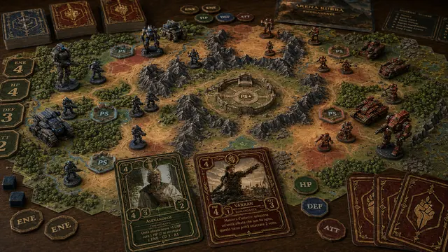 Closer Arena Rubra tabletop concept showing miniatures contesting strategic points around the central board.