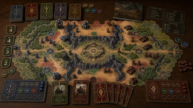 Arena Rubra tabletop concept seen from above with a full hex board, player areas, faction decks and miniatures.