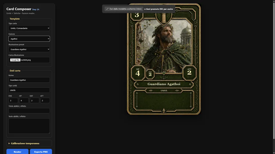 Agathoi card composition screen with Guardiano Agathoi rendered in a green faction frame.