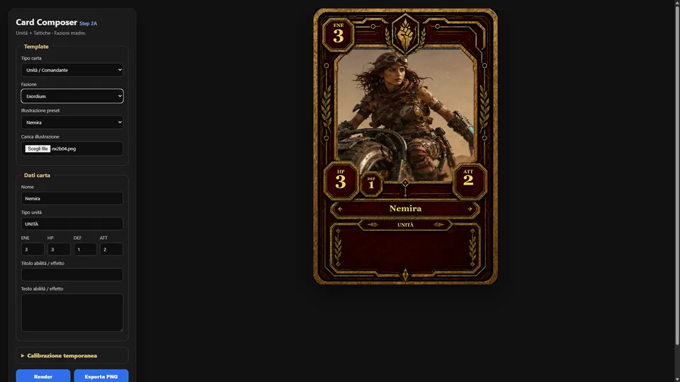 Exordium card composition screen with Nemira rendered in a red and gold faction frame.