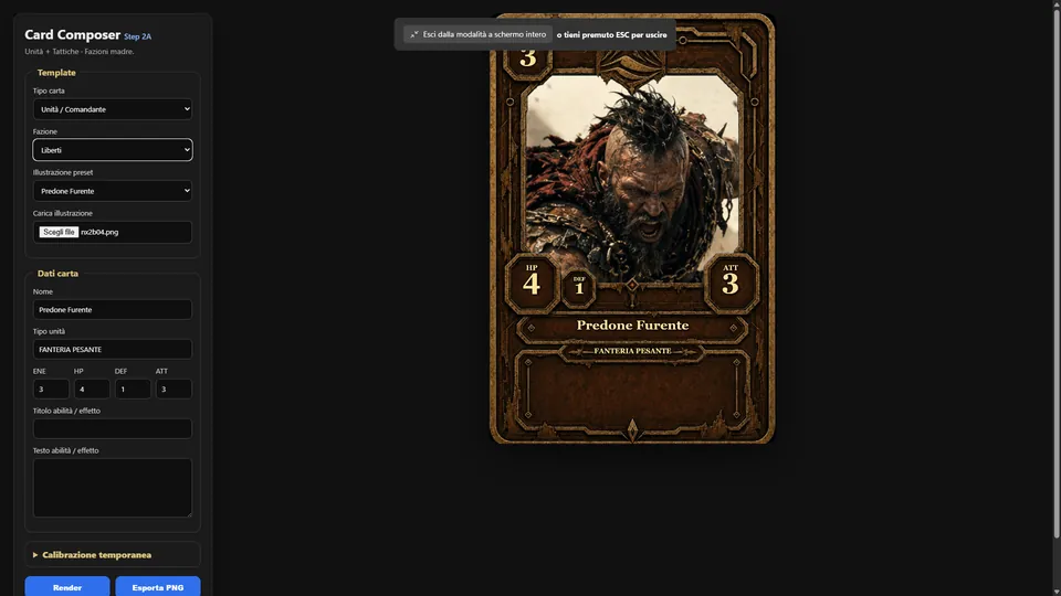 Liberti card composition screen with Predone Furente rendered in a weathered bronze faction frame.