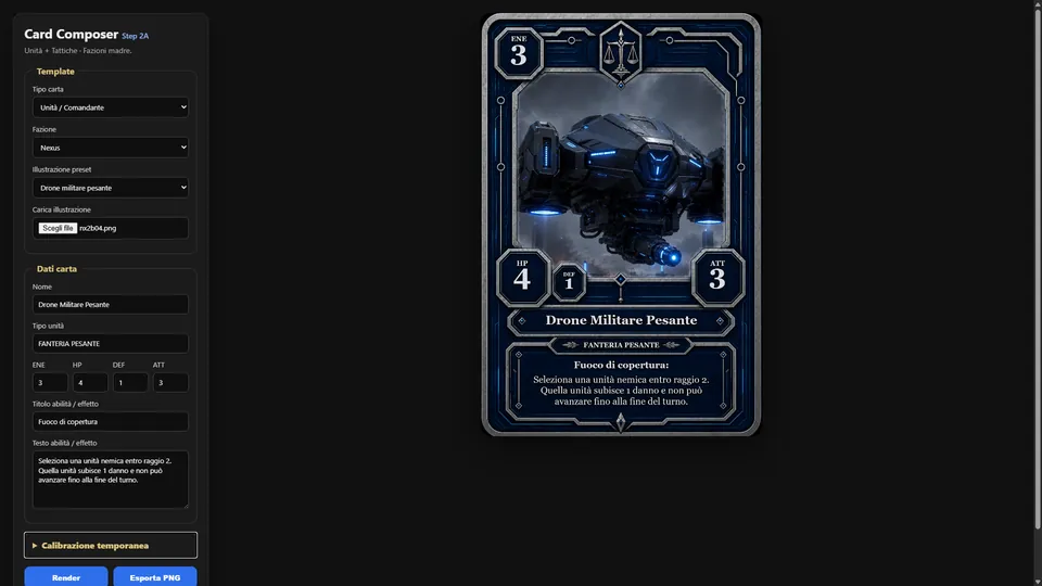 Nexus card composition screen with Drone Militare Pesante rendered in a blue faction frame.