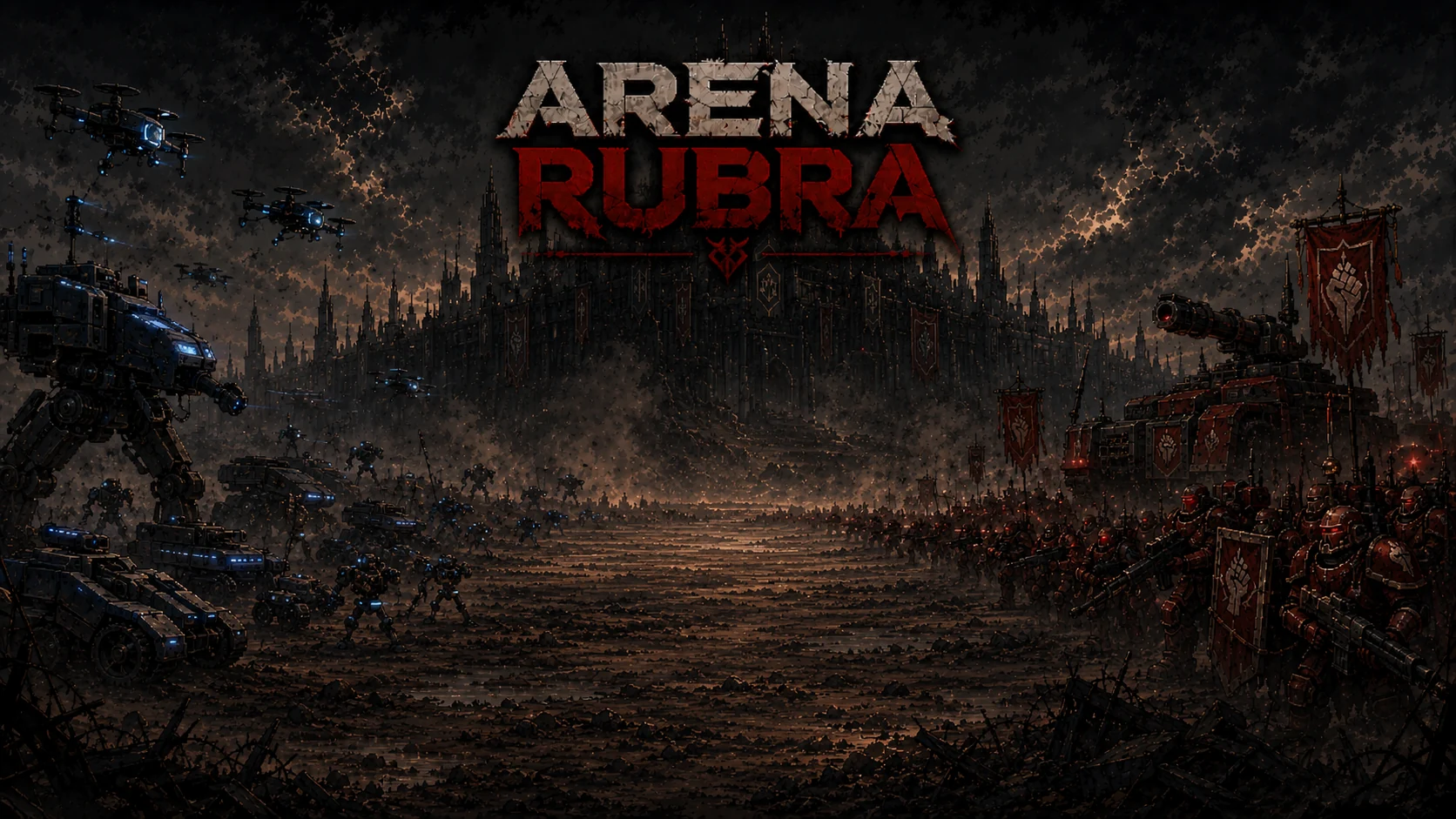 Arena Rubra artwork showing opposing blue and red forces facing each other across a ruined battlefield.