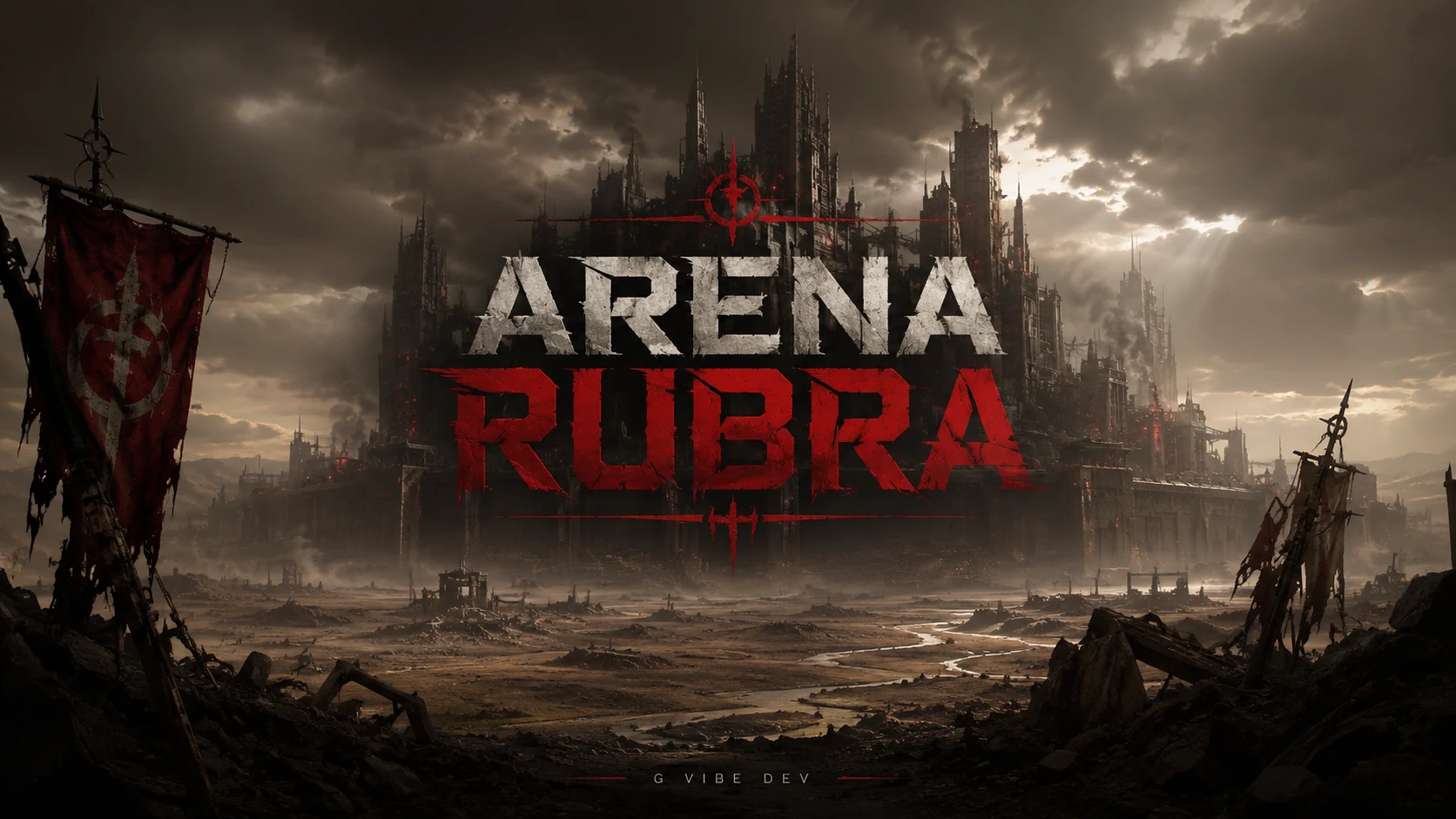 Arena Rubra key art showing a ruined monumental city under a stormy sky.