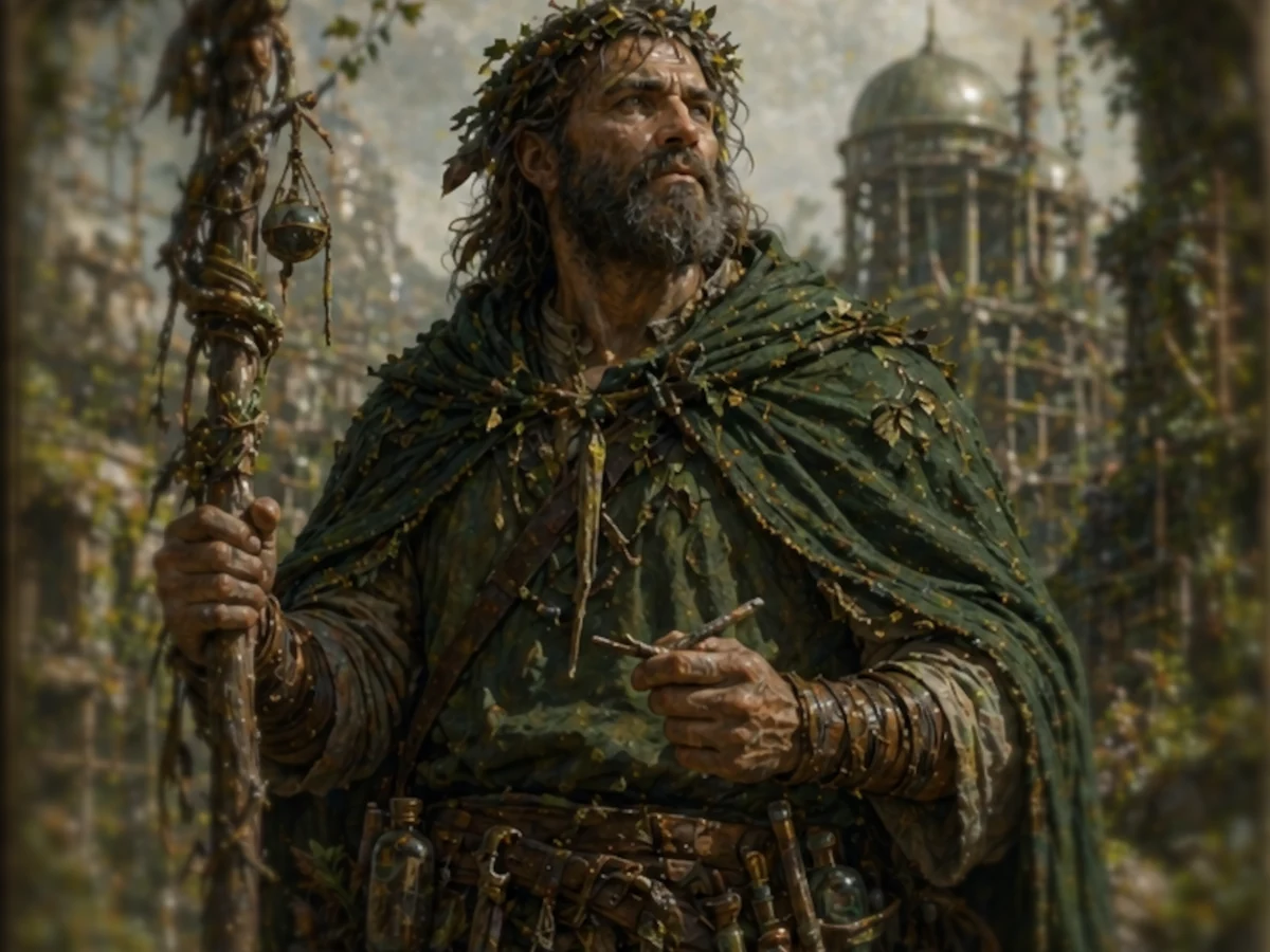 An Agathoi leader in a green cloak standing among living architecture and cultivated structures.