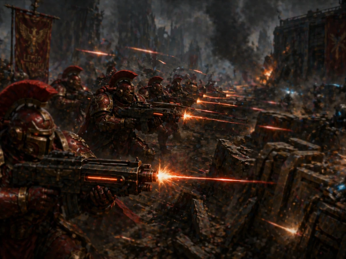 Crimson-armored Exordium troops advancing through a ruined battlefield under sustained fire.