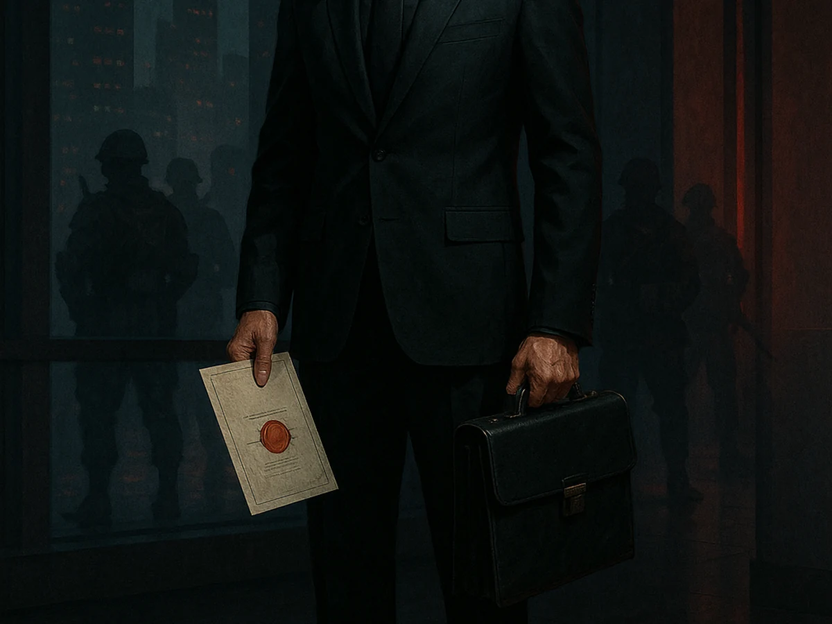 A Fabeot agent in a black suit and dark glasses carrying a sealed document and briefcase.