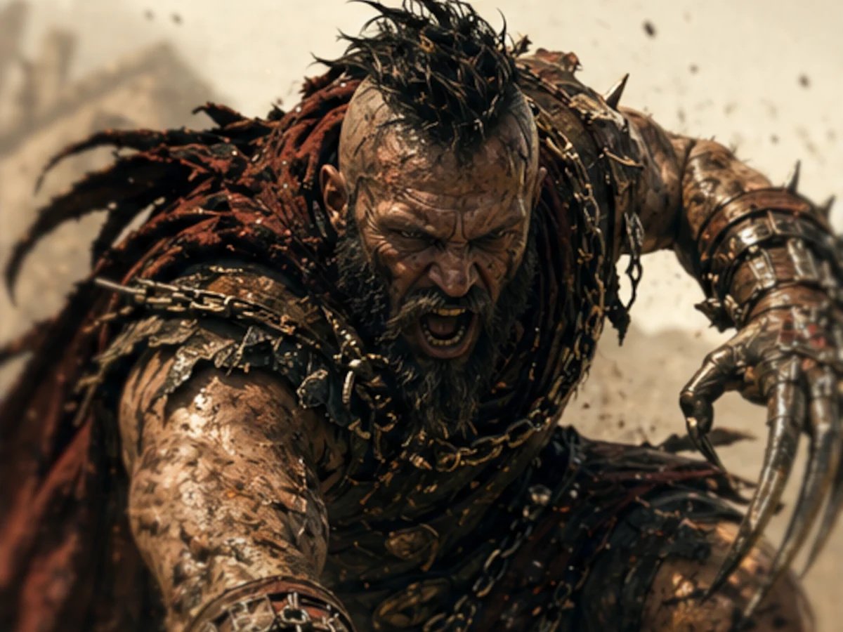 A Liberti raider in scavenged armor moving through a dry battlefield settlement.