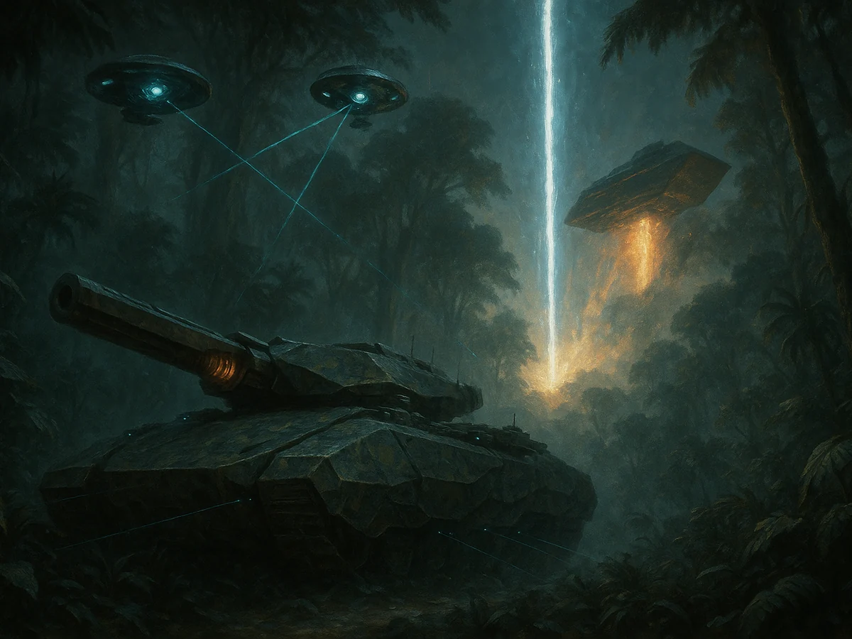Nexus armored battlefield vehicle operating beneath automated aerial systems in a dense forest.