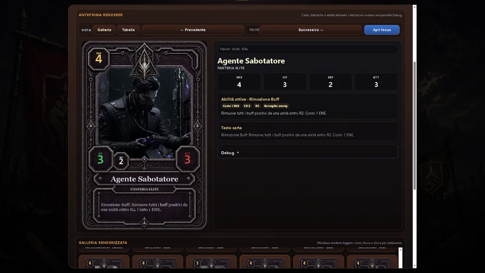 Arena Rubra card library showing a detailed Fabeot unit card and its statistics and ability text.