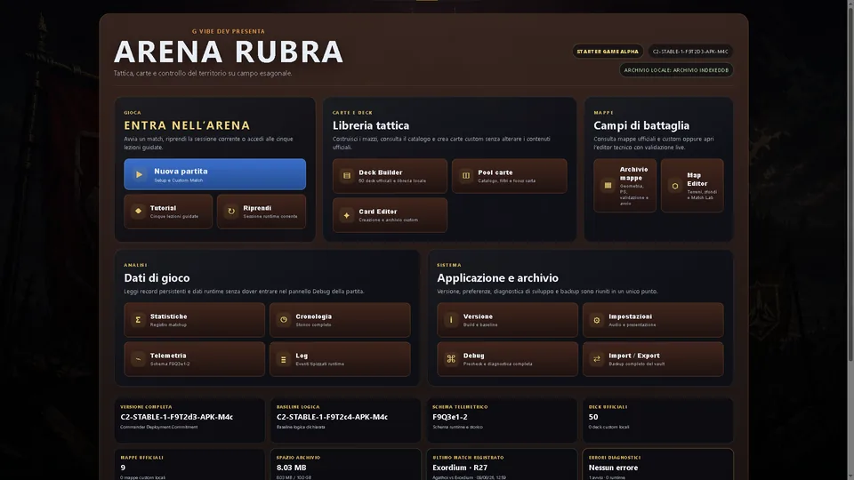 Arena Rubra Control Center with play, deck, map, analysis and system sections.