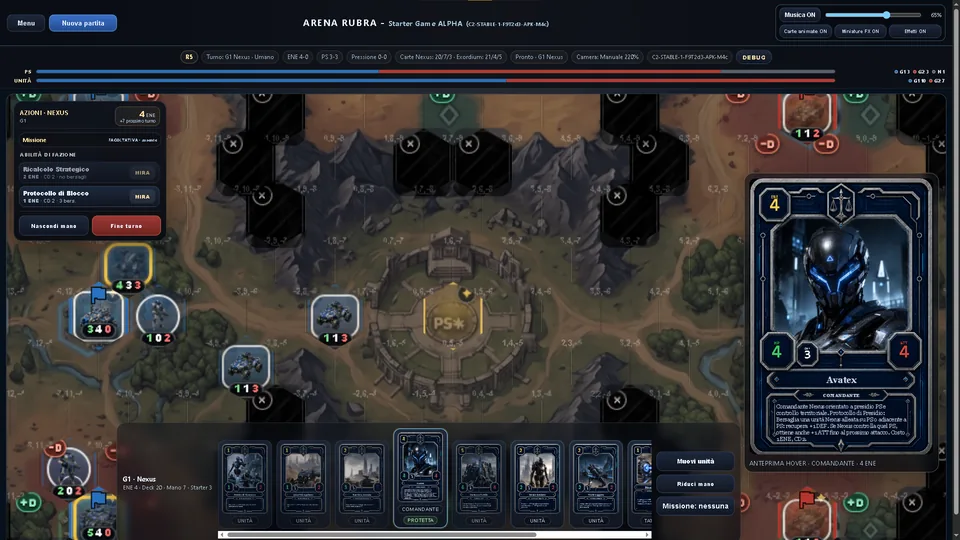Arena Rubra match view zoomed into the battlefield with a large commander card preview.