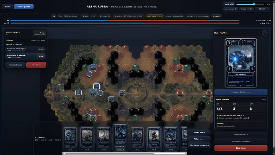 Arena Rubra match view with the hexagonal battlefield, cards in hand and unit information panel.