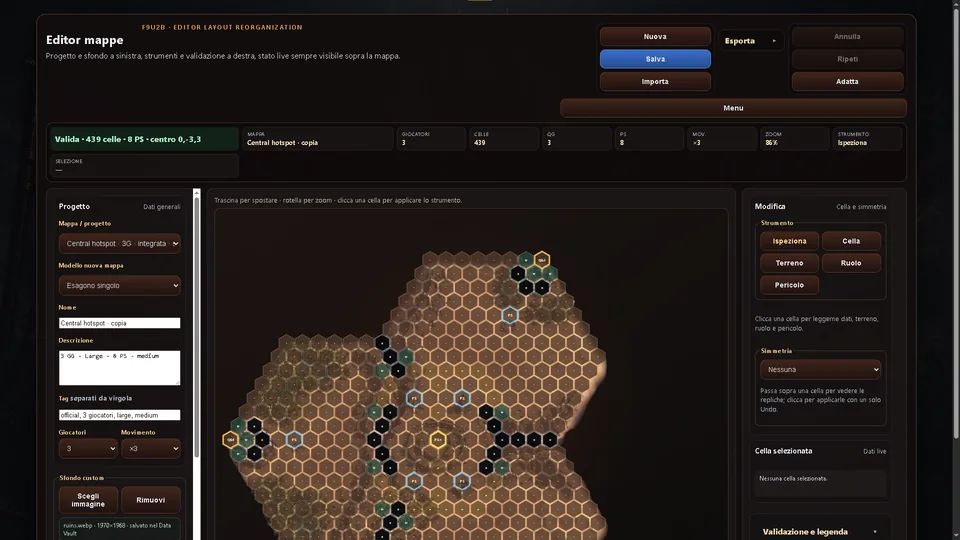 Arena Rubra map editor with a large composite hex map and editing controls.