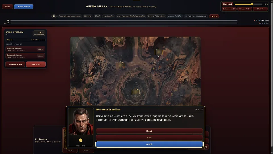 Arena Rubra guided Exordium tutorial with a narrator portrait and step controls over the battlefield.