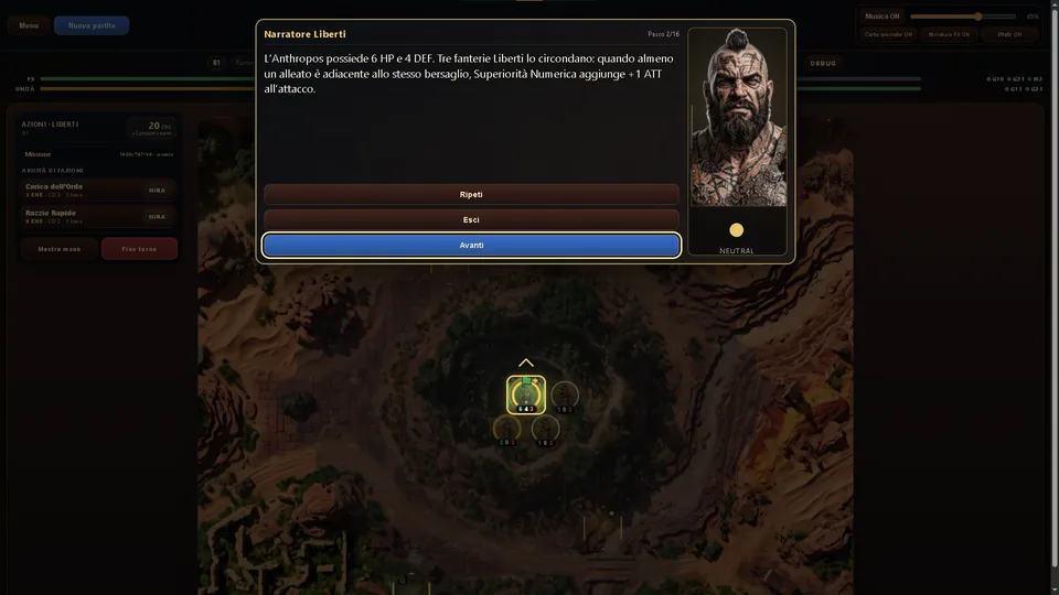 Arena Rubra guided Liberti tutorial explaining a combat rule over a darkened battlefield.