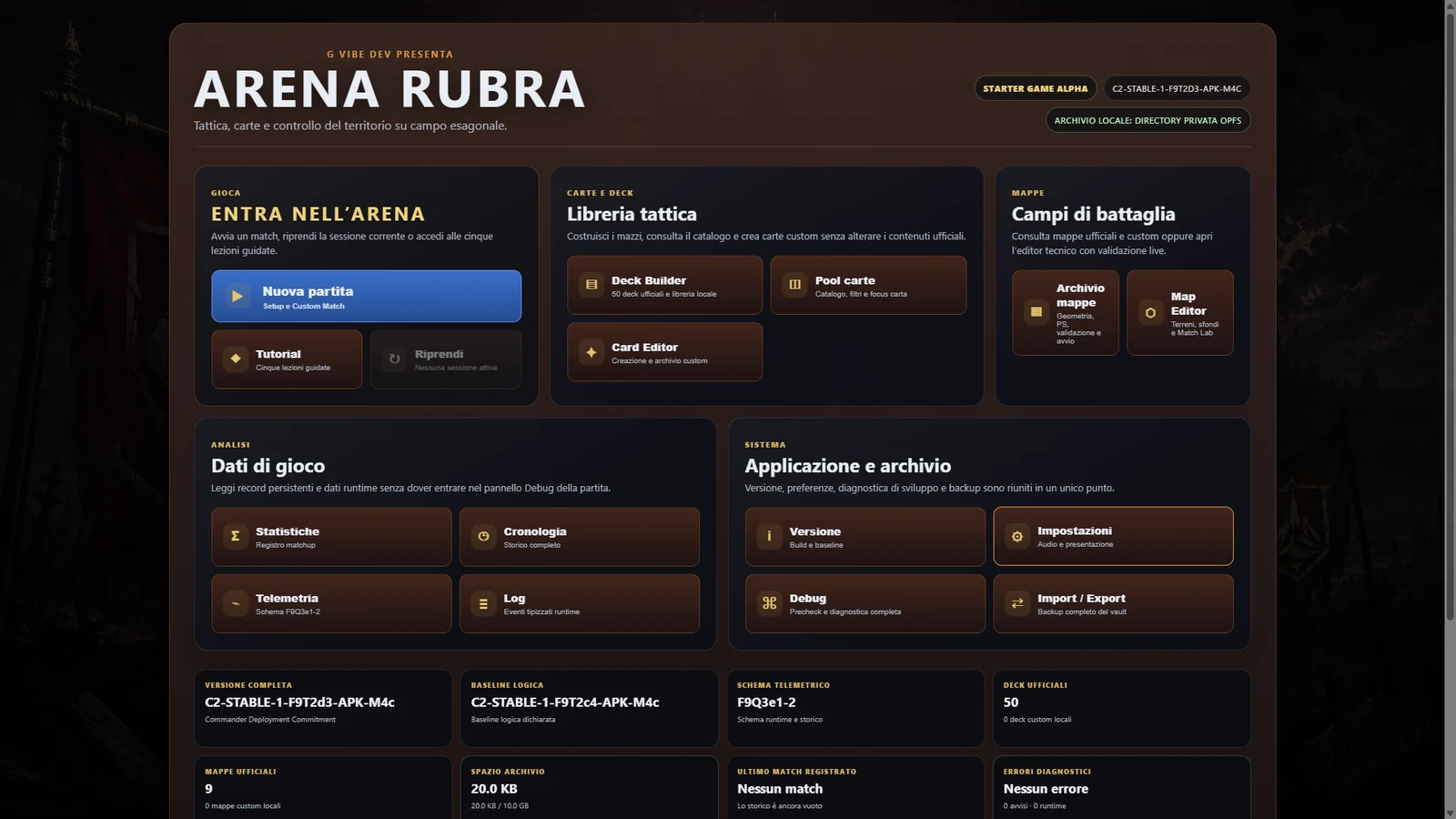 Arena Rubra Control Center showing play, card, map, analysis and system tools.