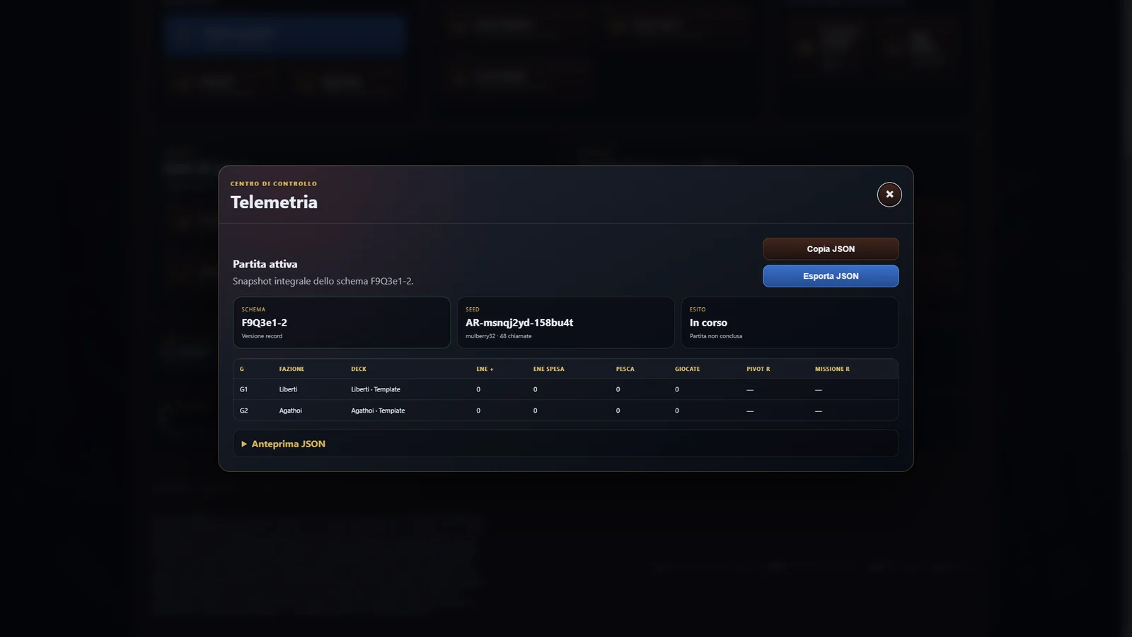 Arena Rubra telemetry panel showing match schema, seed and player data with JSON export controls.