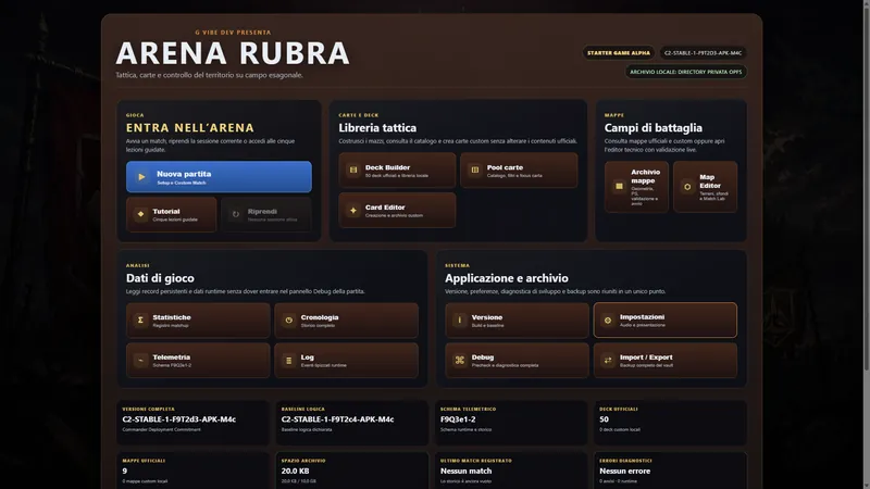 Arena Rubra Control Center with play, card, map, analysis and system sections.