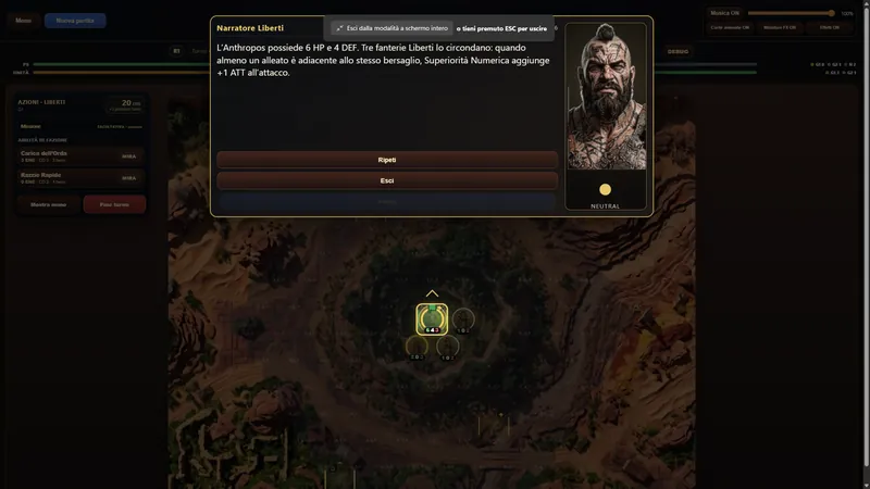 Arena Rubra Liberti tutorial with narrator overlay explaining numerical superiority over the live battlefield.