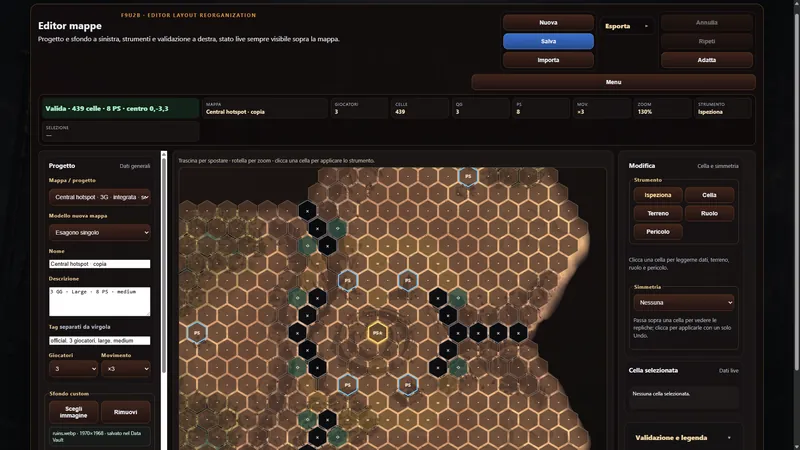 Arena Rubra Map Editor showing a large hex battlefield with project controls, live validation and editing tools.