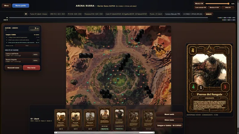 Arena Rubra digital match showing the full hex battlefield, Liberti actions, cards in hand and a large commander card preview.