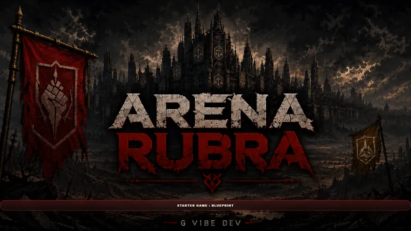 Arena Rubra Starter Game splash screen with the Arena Rubra logo over a dark battlefield city.