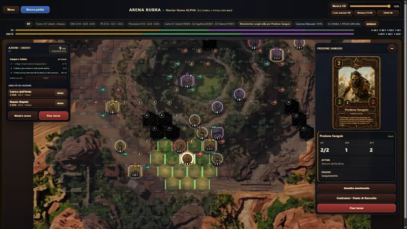 Arena Rubra tactical zoom with occupied hexes, movement highlights and the selected Liberti unit inspector.