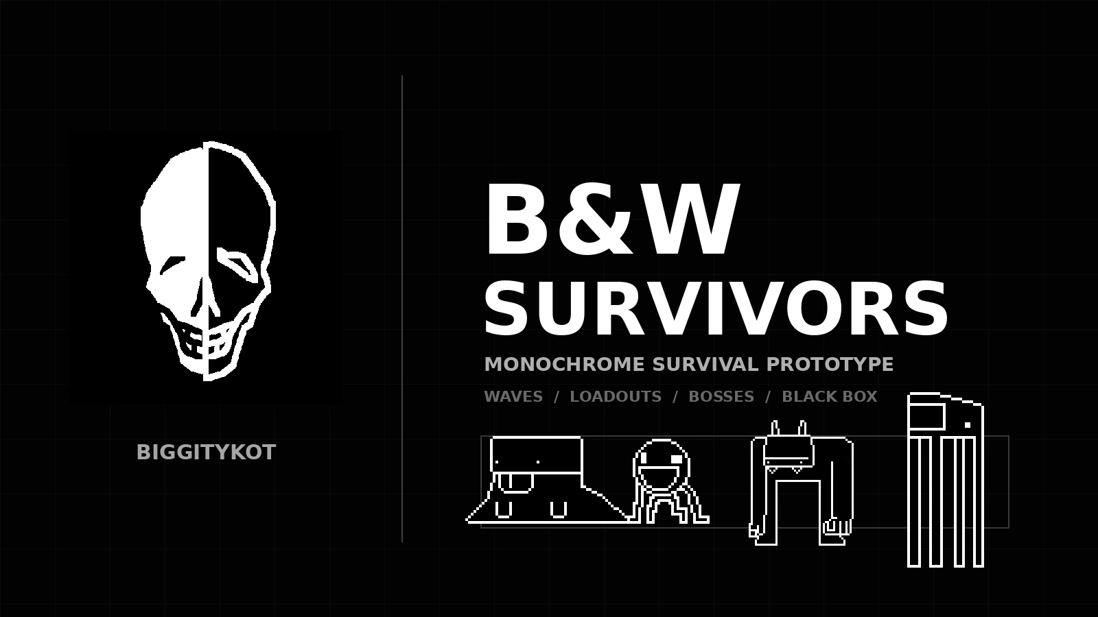 B&W Survivors monochrome showcase with the skull emblem, project title and enemy sprites.