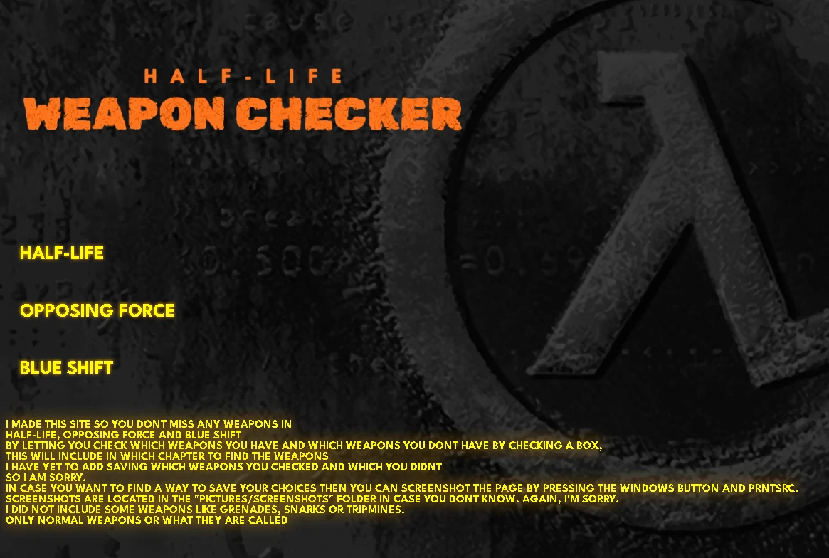 Half-Life Weapon Checker interface with Half-Life, Opposing Force and Blue Shift options.