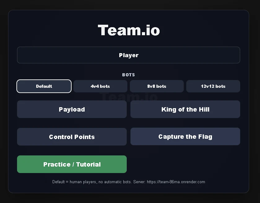 Team.io menu with player, bot-count and game-mode controls.