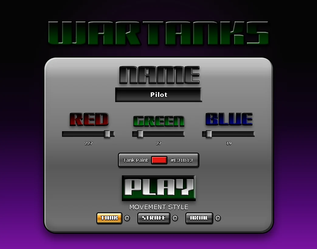 WarTanks menu with player name, RGB tank paint controls and movement style selection.