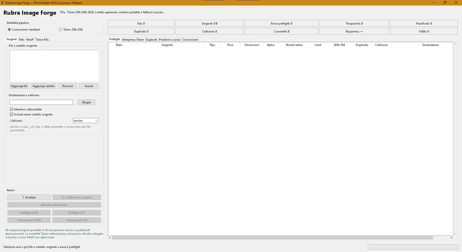 Rubra Image Forge desktop interface in standard conversion mode with source selection, destination controls and the main analysis table.