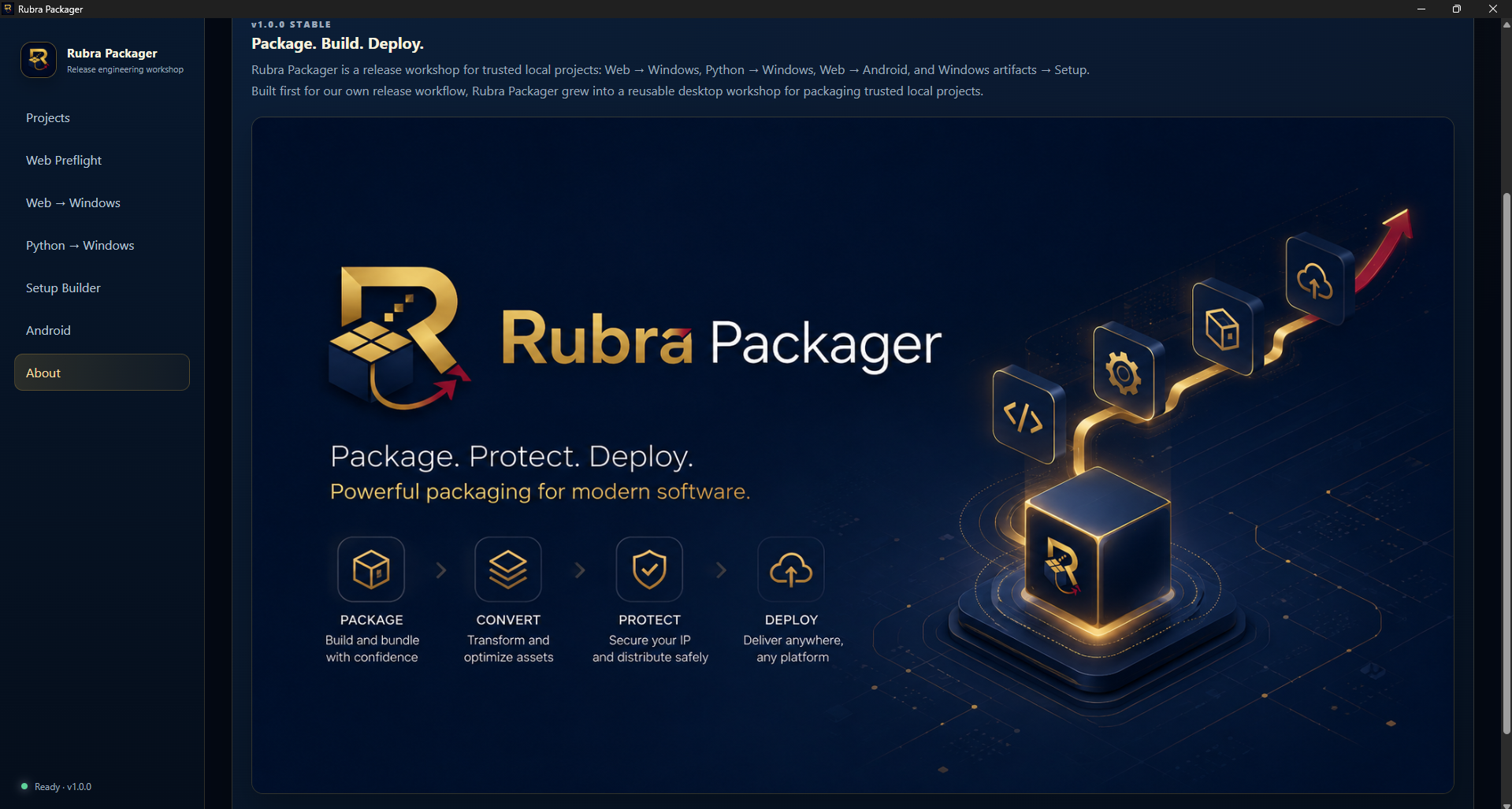 Rubra Packager About workspace with v1.0.0 status and the product splash artwork.