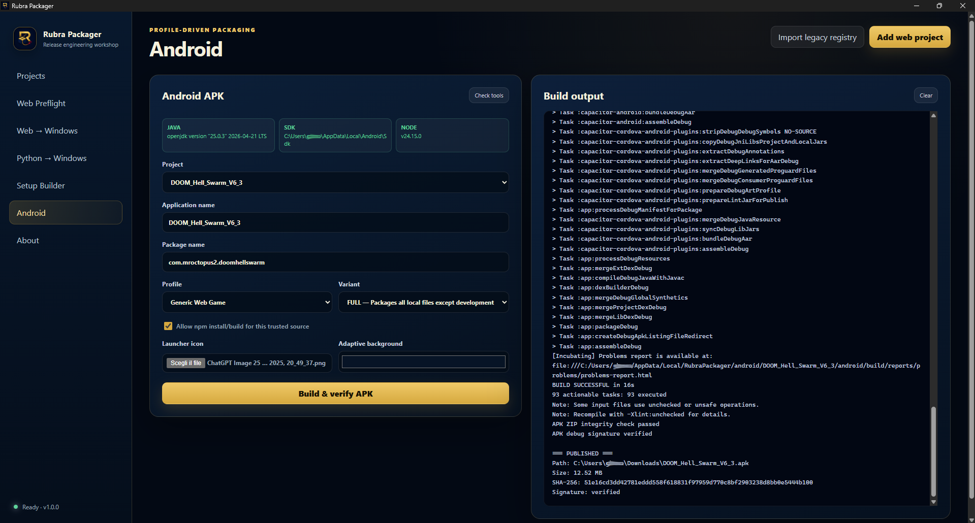 Rubra Packager Android workspace showing detected Java, Android SDK and Node tools with a successful APK build log.