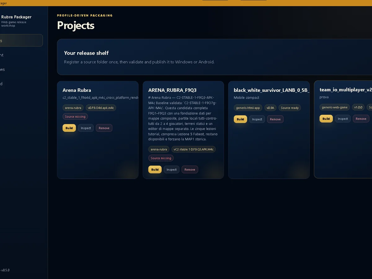 Rubra Packager Projects workspace with registered projects and build actions.
