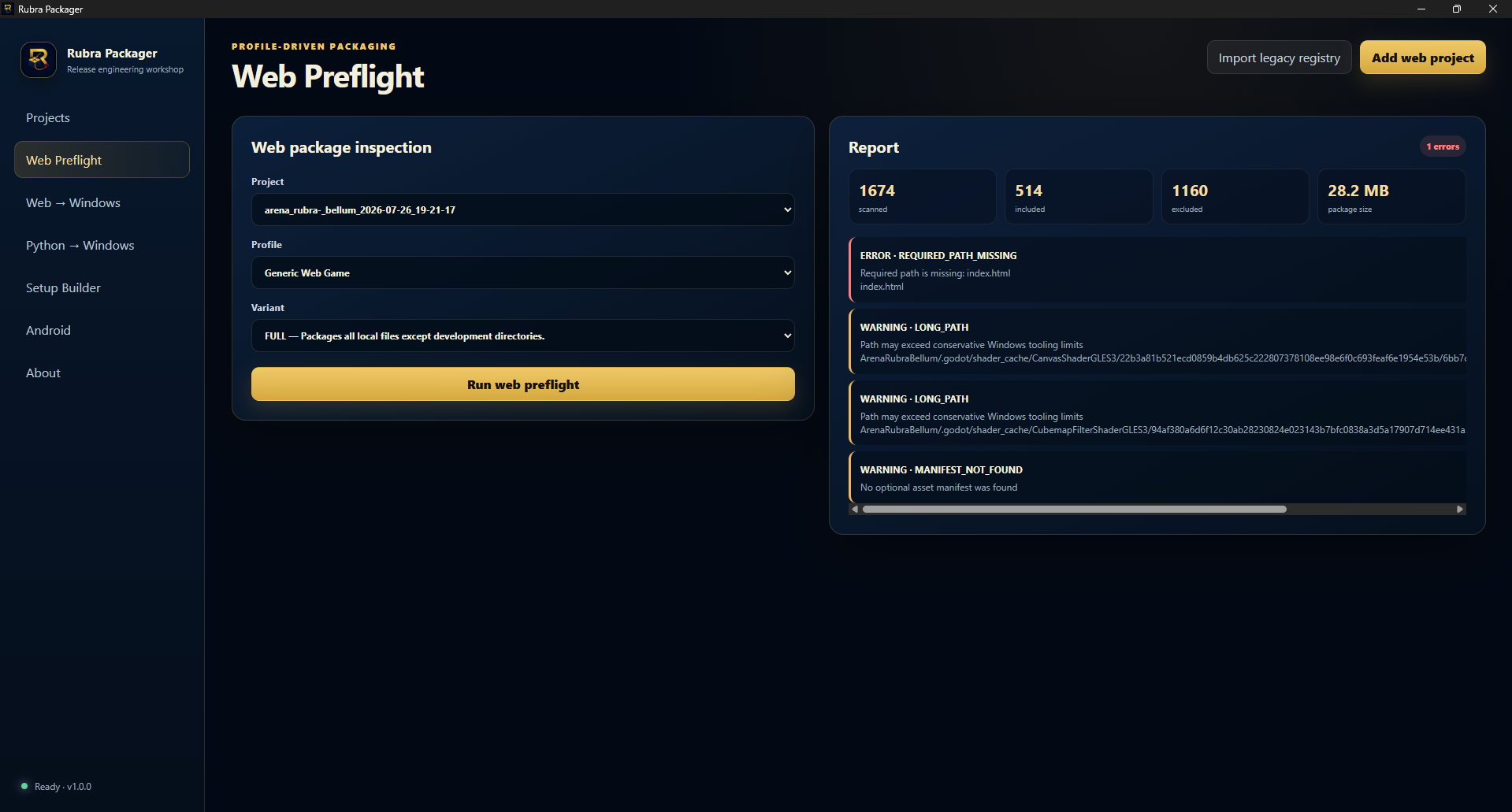 Rubra Packager Web Preflight workspace with project, profile and variant controls plus a report panel.