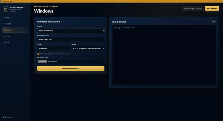 Rubra Packager Windows screen configured to build an Arena Rubra executable with a custom icon.