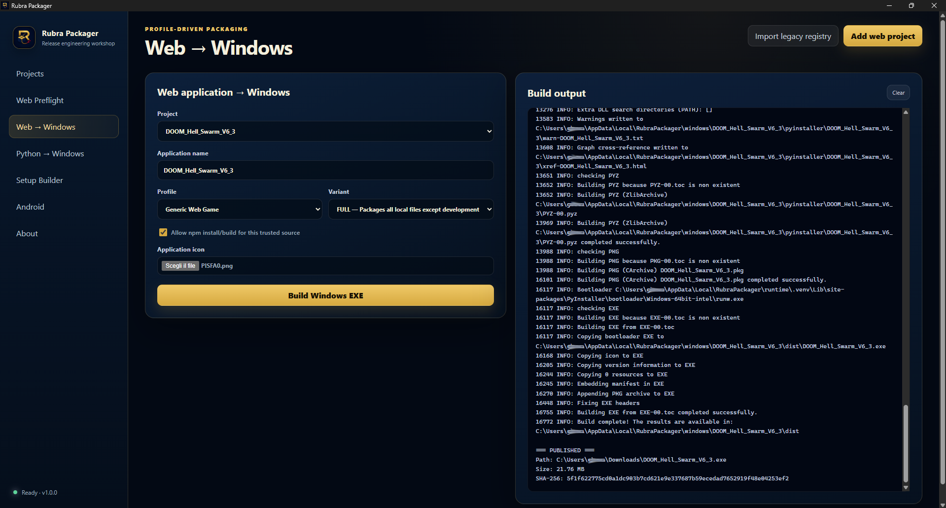 Rubra Packager Web to Windows workspace with build options and a completed PyInstaller output log.