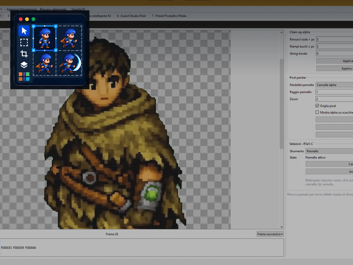 Unum Sunt Sprite Studio production view with a cleaned pixel-art character and application branding.